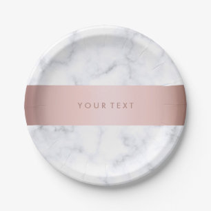 elegant white marble rose gold faux strip paper plate