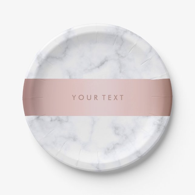 elegant white marble rose gold faux strip paper plate (Front)