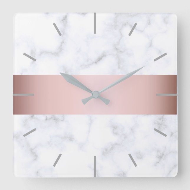 elegant white marble rose gold faux strip square wall clock (Front)