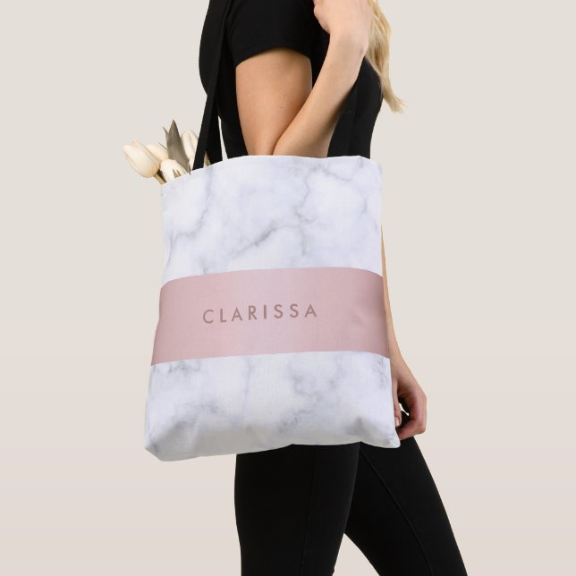 elegant white marble rose gold faux strip tote bag (Close Up)