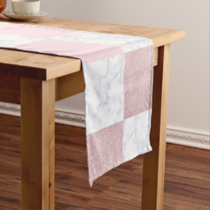 Elegant white marble & rose gold glitter checkered short table runner