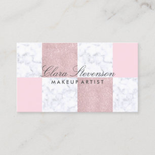 Elegant white marble & rose gold glitter chequered business card
