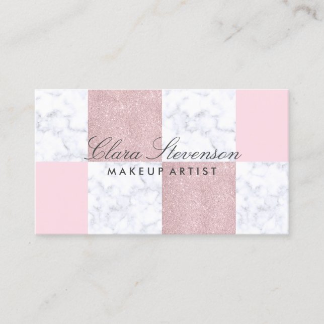 Elegant white marble & rose gold glitter chequered business card (Front)