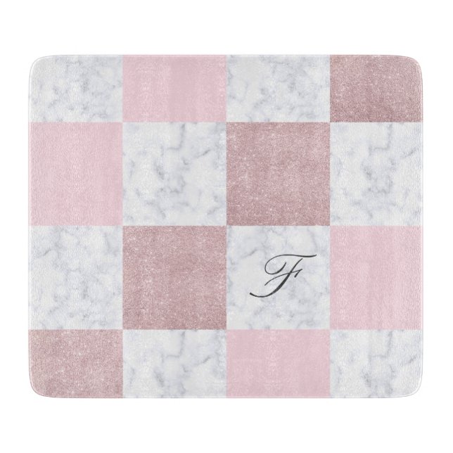 Elegant white marble & rose gold glitter chequered cutting board (Front)