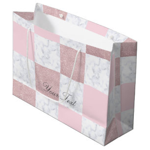 Elegant white marble & rose gold glitter chequered large gift bag