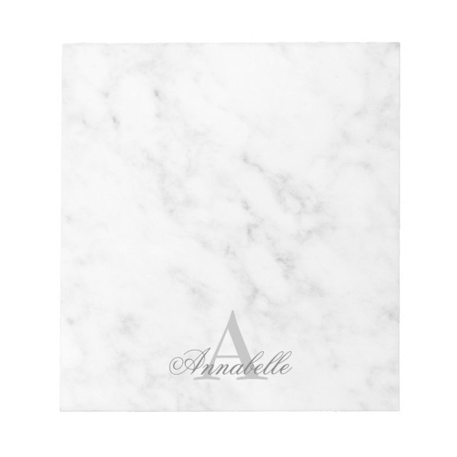 Elegant White Marble Script Name Monogram Notepad (Front)