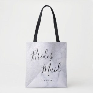 Elegant white marble & silver glitter bridesmaid tote bag