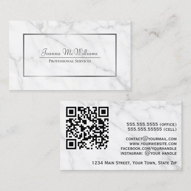 Elegant White Marble & Silver Professional QR Code Business Card (Front/Back)