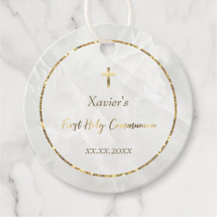 elegant white marble stone First Communion Favour Tags