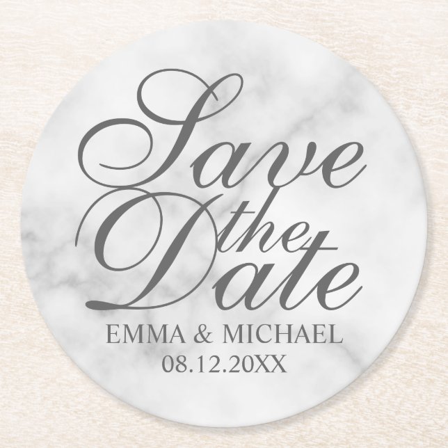 Elegant White Marble Wedding Save the Date Round Paper Coaster (Front)