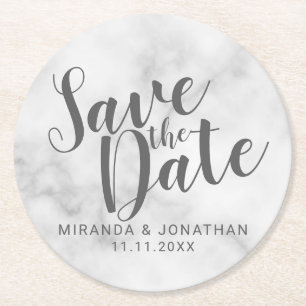 Elegant White Marble Wedding Save the Date Round Paper Coaster