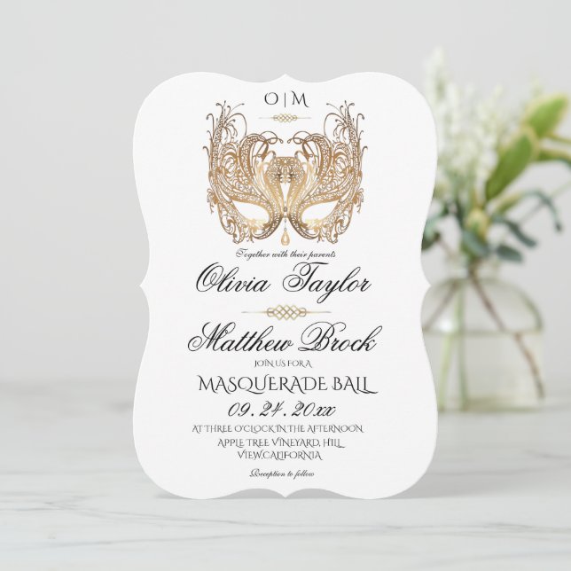 Elegant White Masquerade Wedding  Invitation (Standing Front)