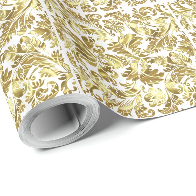 Elegant White & Metallic Gold Floral Damasks Wrapping Paper (Roll Corner)