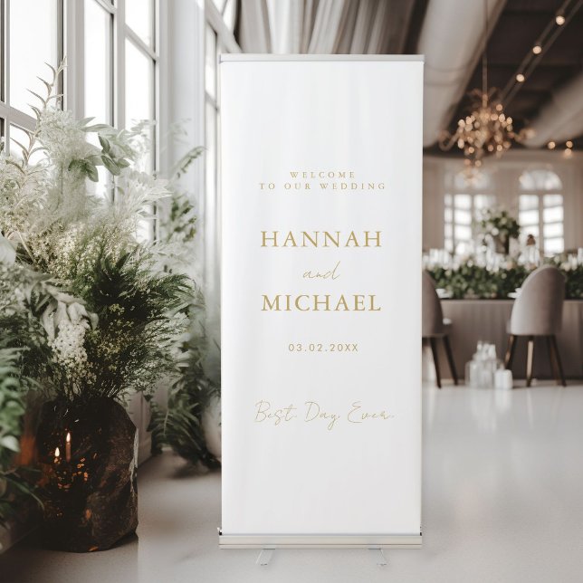 Elegant, White, Minimal Wedding  Retractable Banner (BEST DAY EVER! Elegant, White, Minimal Wedding Retractable Banner with your names and date.)
