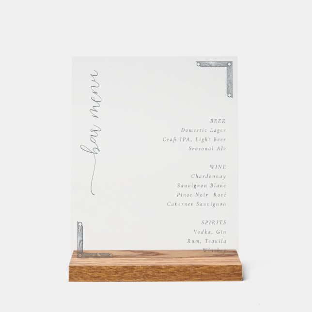 Elegant White Minimalist Bar Menu Acrylic Sign (Front)