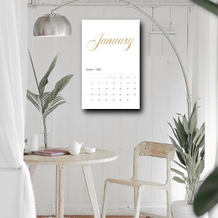 Elegant White Minimalist  Gold Script Letters Calendar