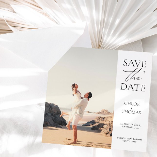 Elegant White Minimalist Script Photo Save The Date (Creator Uploaded)