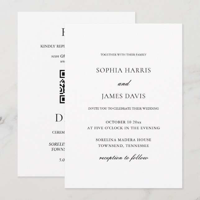 Elegant White Minimalist Wedding All in One Invitation (Front/Back)