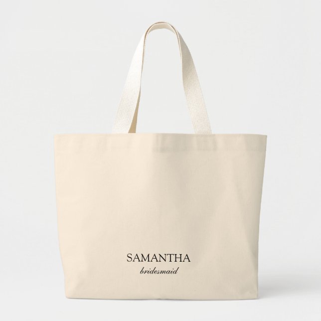 Elegant White Minimalist Wedding Bridesmaid Script Large Tote Bag (Front)