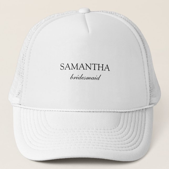 Elegant White Minimalist Wedding Bridesmaid Script Trucker Hat (Front)