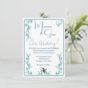Elegant White, Mint Green, & Blue Floral Wedding Invitation
