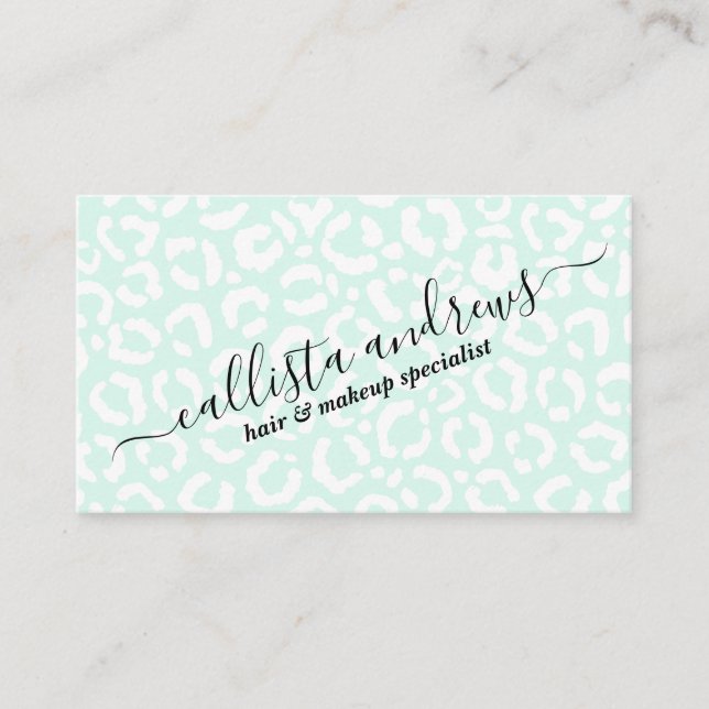 Elegant White Mint Leopard Cheetah Animal Print Business Card (Front)