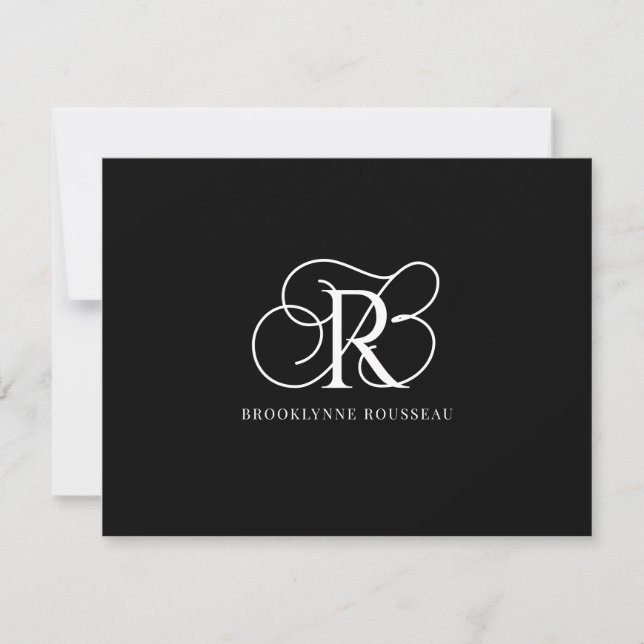 Elegant White Monogram Black Flat Note Card (Front)