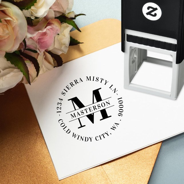 Elegant White Monogram Circular Return Address Self-inking Stamp (Creator Uploaded)