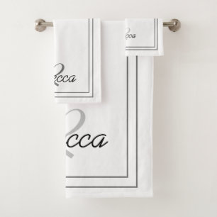 Elegant White Monogram Initial Name Striped  Bath Towel Set