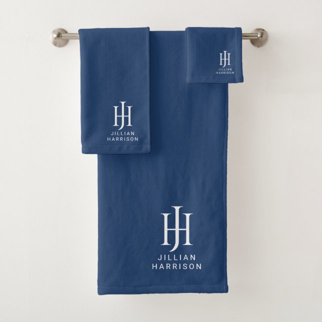 Elegant White Monogram Navy Blue Bath Towel Set (Insitu)