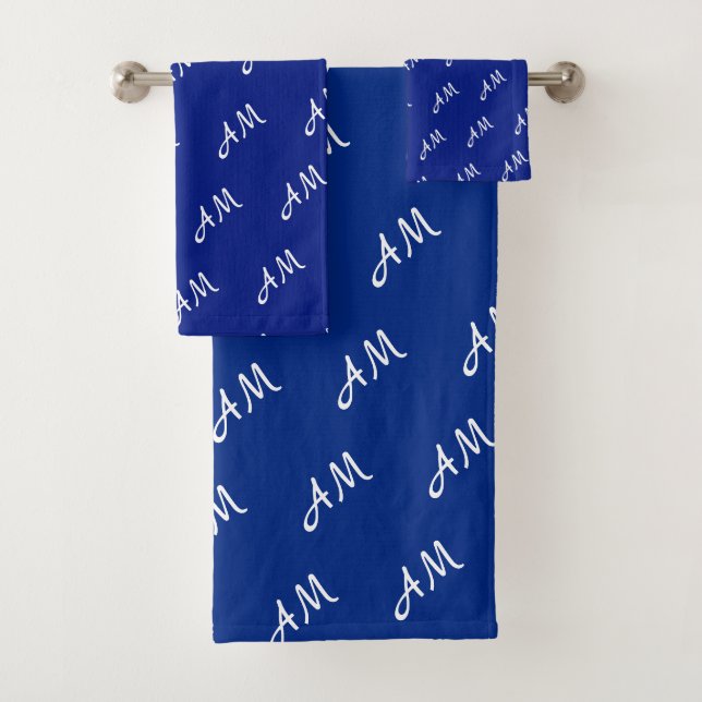 Elegant White Monogram on Blue Bath Towel Set (Insitu)