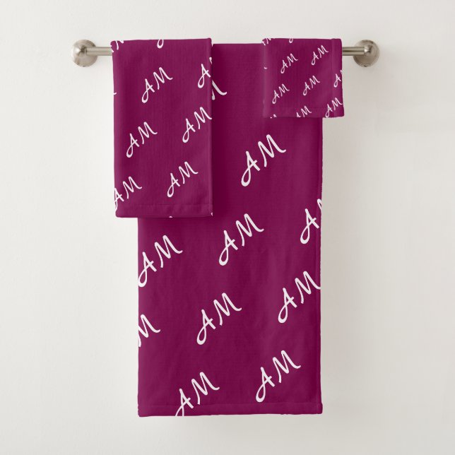 Elegant White Monogram on Maroon Bath Towel Set (Insitu)