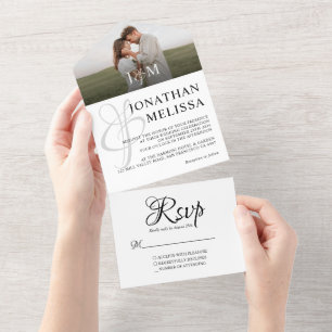 Elegant White Monogram Photo Overlay Wedding All In One Invitation