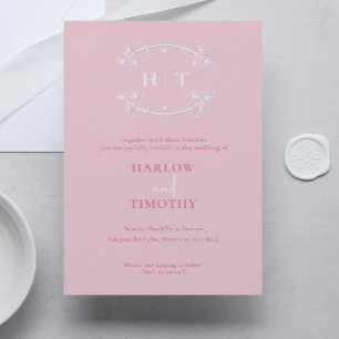 Elegant white Monogram Pink Calligraphy Wedding Invitation