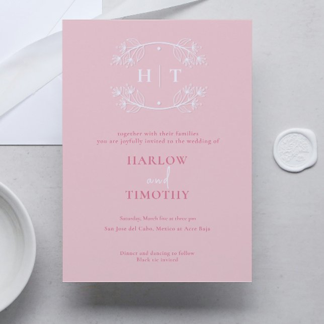 Elegant white Monogram Pink Calligraphy Wedding Invitation (Elegant white Monogram Pink Calligraphy Wedding Invitation)