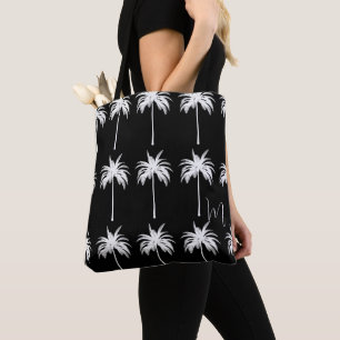 Elegant White Monogram Tropical Palm Tree Tote Bag