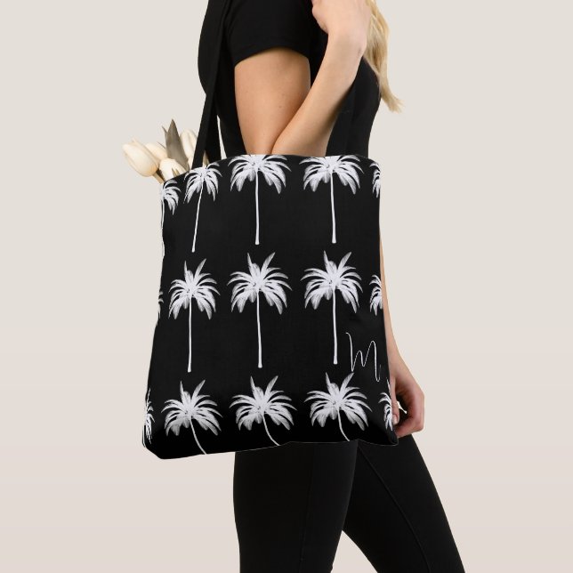 Elegant White Monogram Tropical Palm Tree Tote Bag (Close Up)