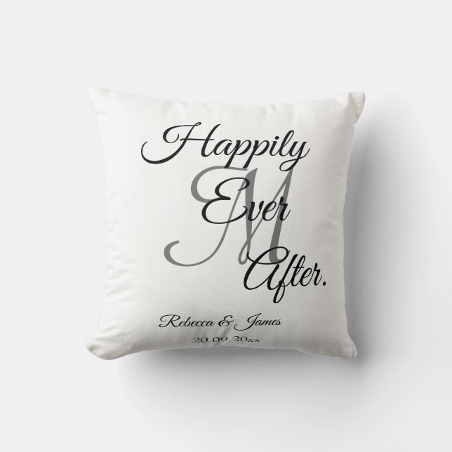 Elegant White Monogrammed Happily Ever After Cushion (Front)