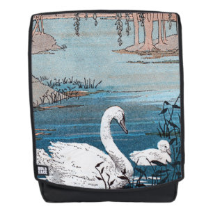 Elegant White Mother Swan with Baby Swimming Pond Backpack