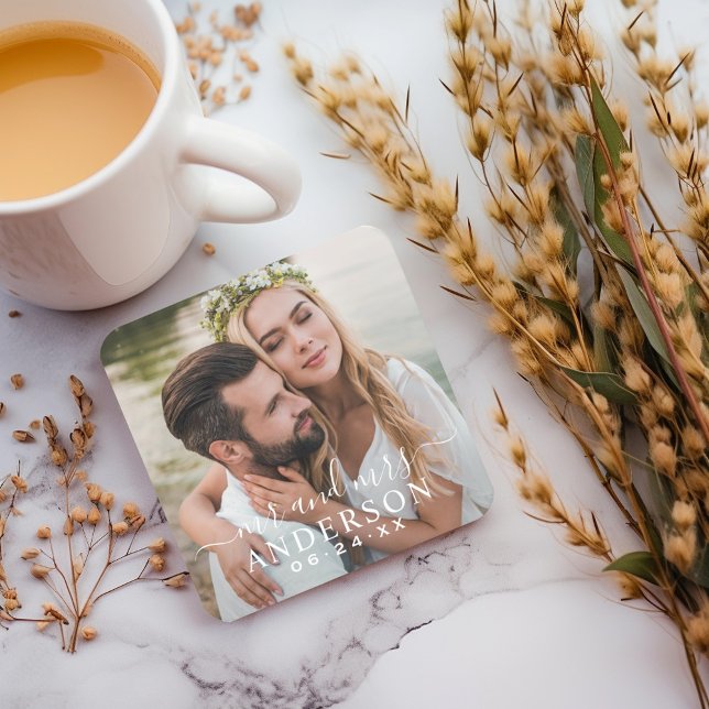 Elegant White Mr and Mrs Monogram Photo Wedding Square Paper Coaster (Creator Uploaded)