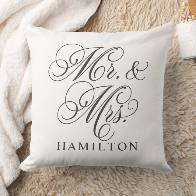 Elegant White Mr and Mrs Script Custom Monogram Cushion (Blanket)
