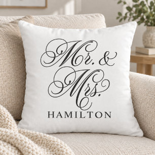 Elegant White Mr and Mrs Script Wedding Cushion