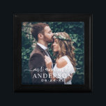 Elegant White Mr and Mrs Wedding Monogram Photo Gift Box<br><div class="desc">Elegant wedding gift box features a photo of the bride and groom with white text overlay. Custom wording includes "Mr and Mrs" in modern calligraphy script with custom married last name and wedding date text in classic serif typestyles. This would make a great wedding gift for the groom, to hold...</div>