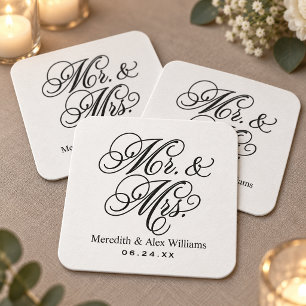 Elegant White Mr and Mrs Wedding Monogram Square Paper Coaster