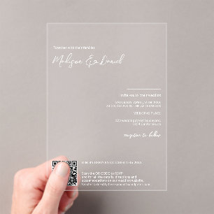 Elegant white names calligraphy Qr code wedding Acrylic Invitations