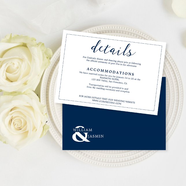 Elegant White & Navy Blue Border Script Wedding Enclosure Card (Creator Uploaded)