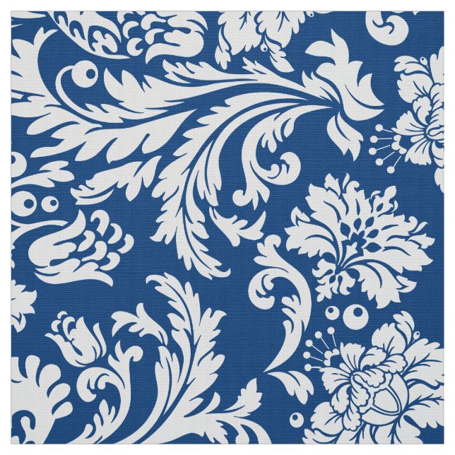 Elegant White & Navy Blue Floral Damasks Fabric (Swatch)
