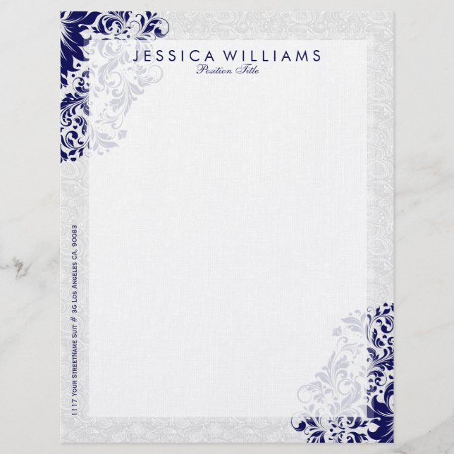 Elegant White & Navy Blue Floral Lace Personalized Letterhead (Front)