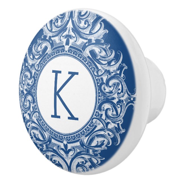 Elegant White & Navy Blue Floral Ornament Ceramic Knob (Right)