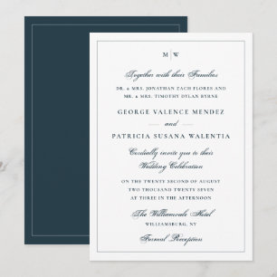 Elegant White Navy Blue Monogram Classic Wedding Invitation